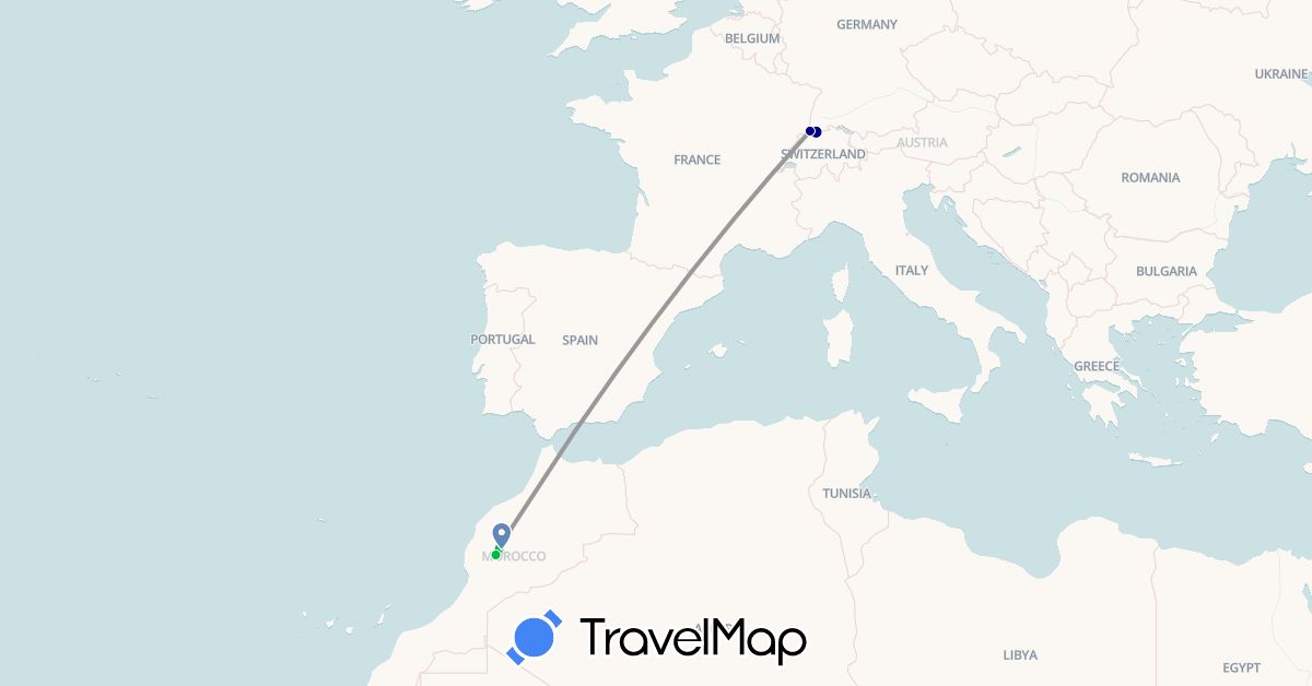 TravelMap itinerary: driving, bus, plane, cycling in Switzerland, Morocco (Africa, Europe)