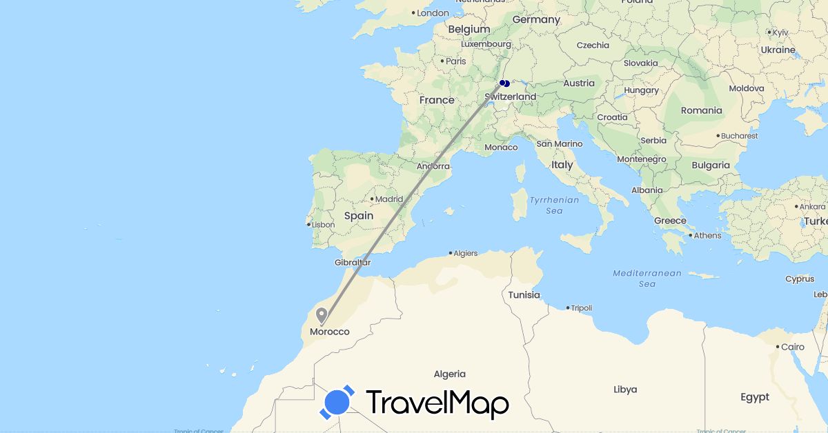 TravelMap itinerary: driving, plane in Switzerland, France, Morocco (Africa, Europe)
